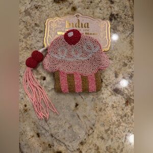 Pink and Gold Beaded Cupcake Coin Pouch w/Keychain